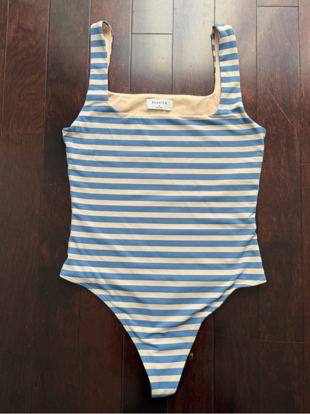 Aritzia Babaton Contour Body Suit Size M Striped Tank Thong Blue Cream Stretch
